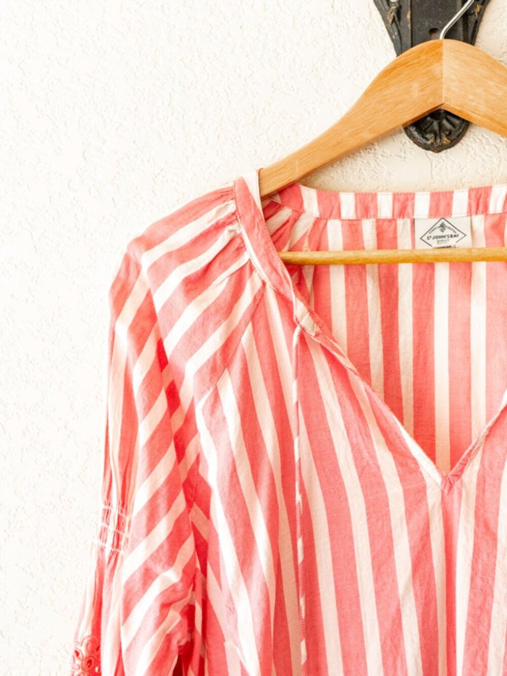 St. John's Bay XL Pink White Stripe Peasant Top Cotton Tassel Boho Embroidered - Picture 4 of 13